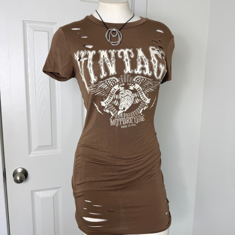 Windsor Brown Distressed Motorcycle Graphic Mini Dress Ruched Size M Alt Biker